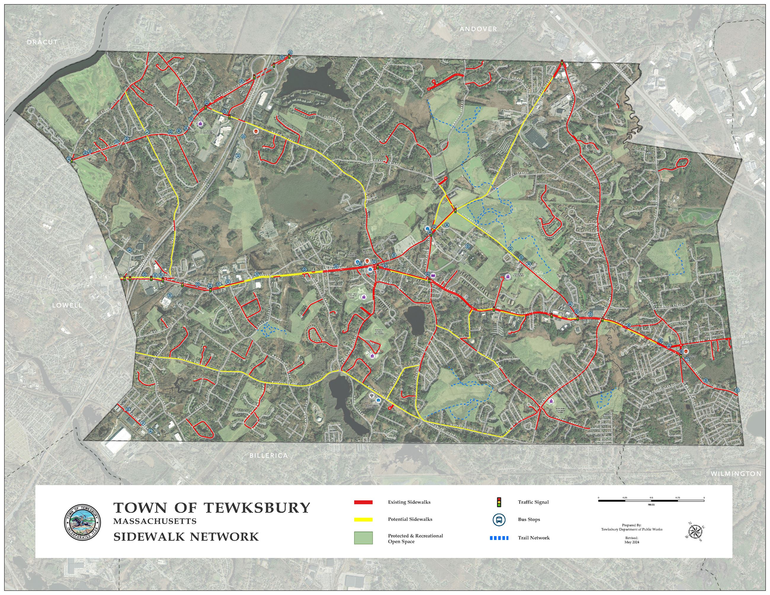 Map of the existing and proposed sidewalk network of Tewksbury